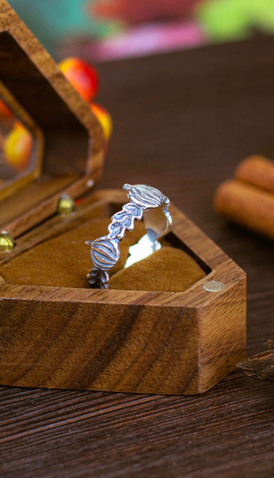 Silver Gothic Ring with Pumpkins and Oak Leaves