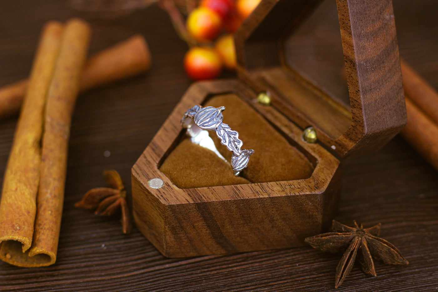 Silver Gothic Ring with Pumpkins and Oak Leaves