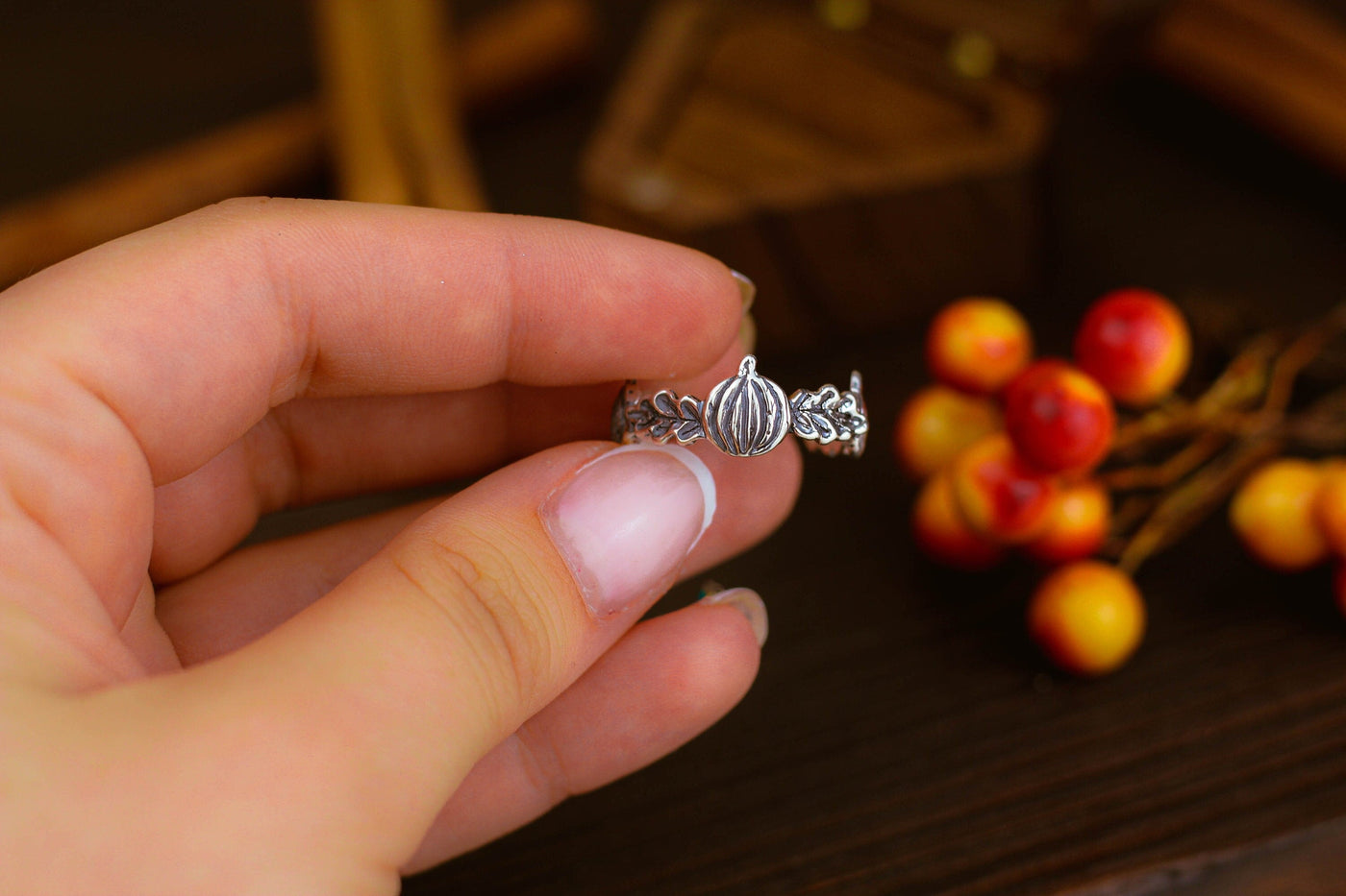 Silver Gothic Ring with Pumpkins and Oak Leaves