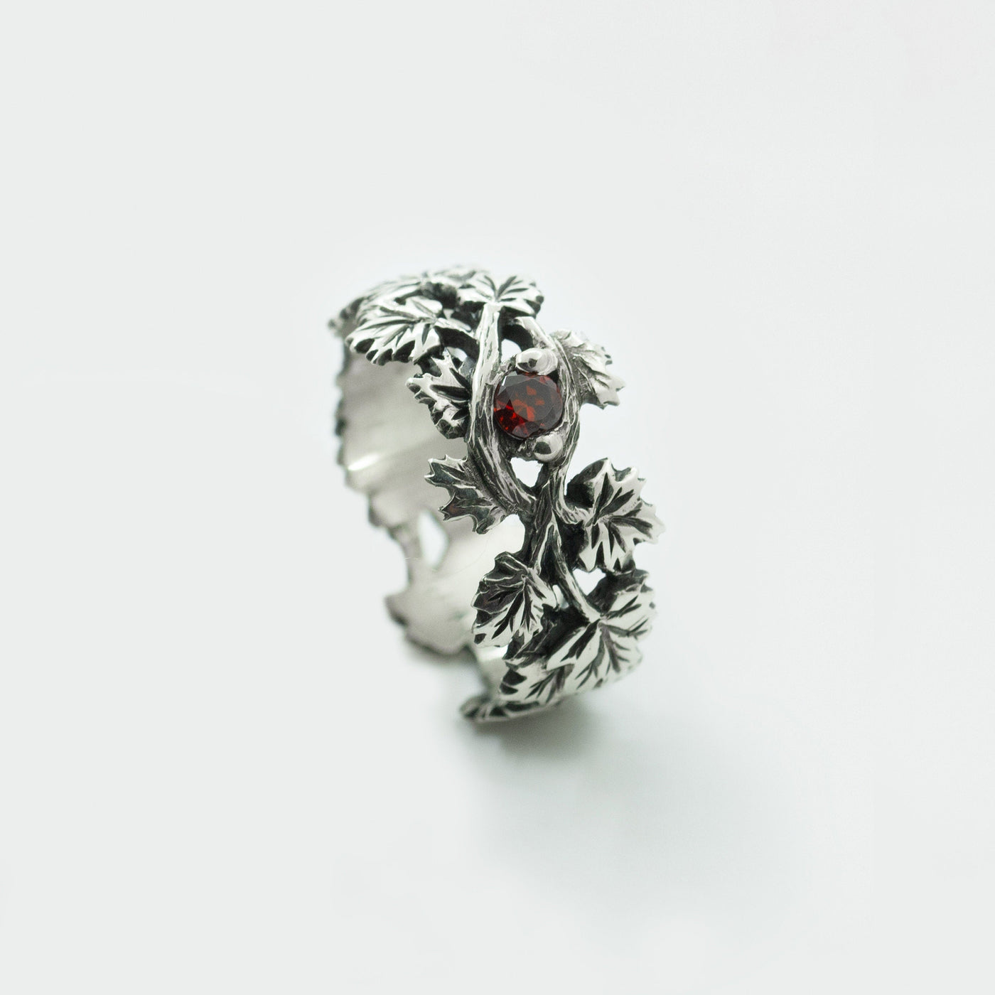 Oxidized Sterling Silver Ring with Red Cubic Zirconia Maple Leaf Design