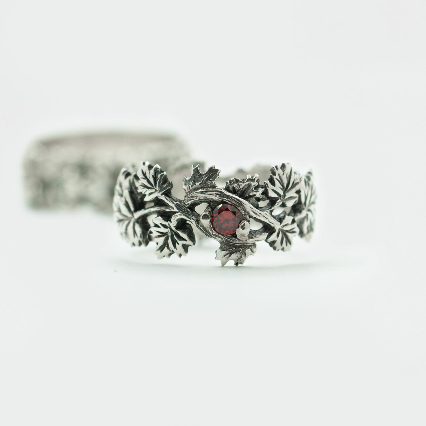 Oxidized Sterling Silver Ring with Red Cubic Zirconia Maple Leaf Design