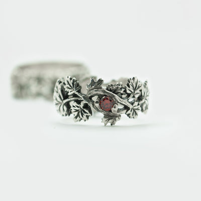 Oxidized Sterling Silver Ring with Red Cubic Zirconia Maple Leaf Design