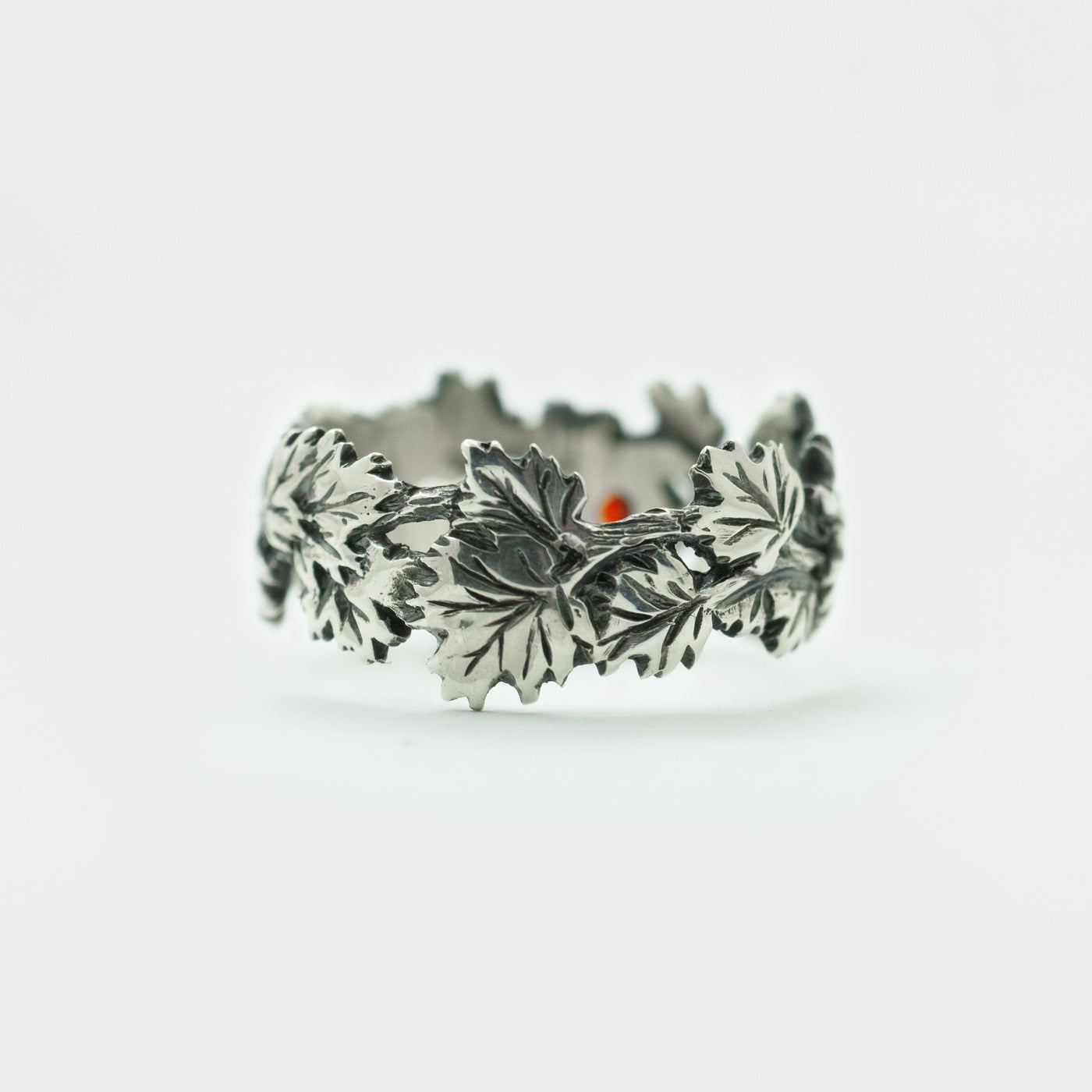 Oxidized Sterling Silver Ring with Red Cubic Zirconia Maple Leaf Design