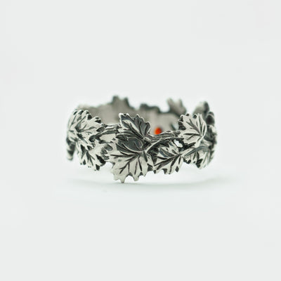 Oxidized Sterling Silver Ring with Red Cubic Zirconia Maple Leaf Design