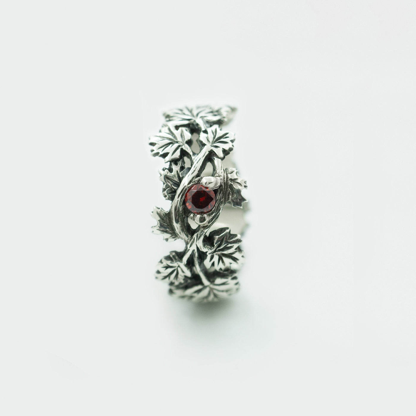 Oxidized Sterling Silver Ring with Red Cubic Zirconia Maple Leaf Design