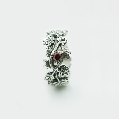 Oxidized Sterling Silver Ring with Red Cubic Zirconia Maple Leaf Design