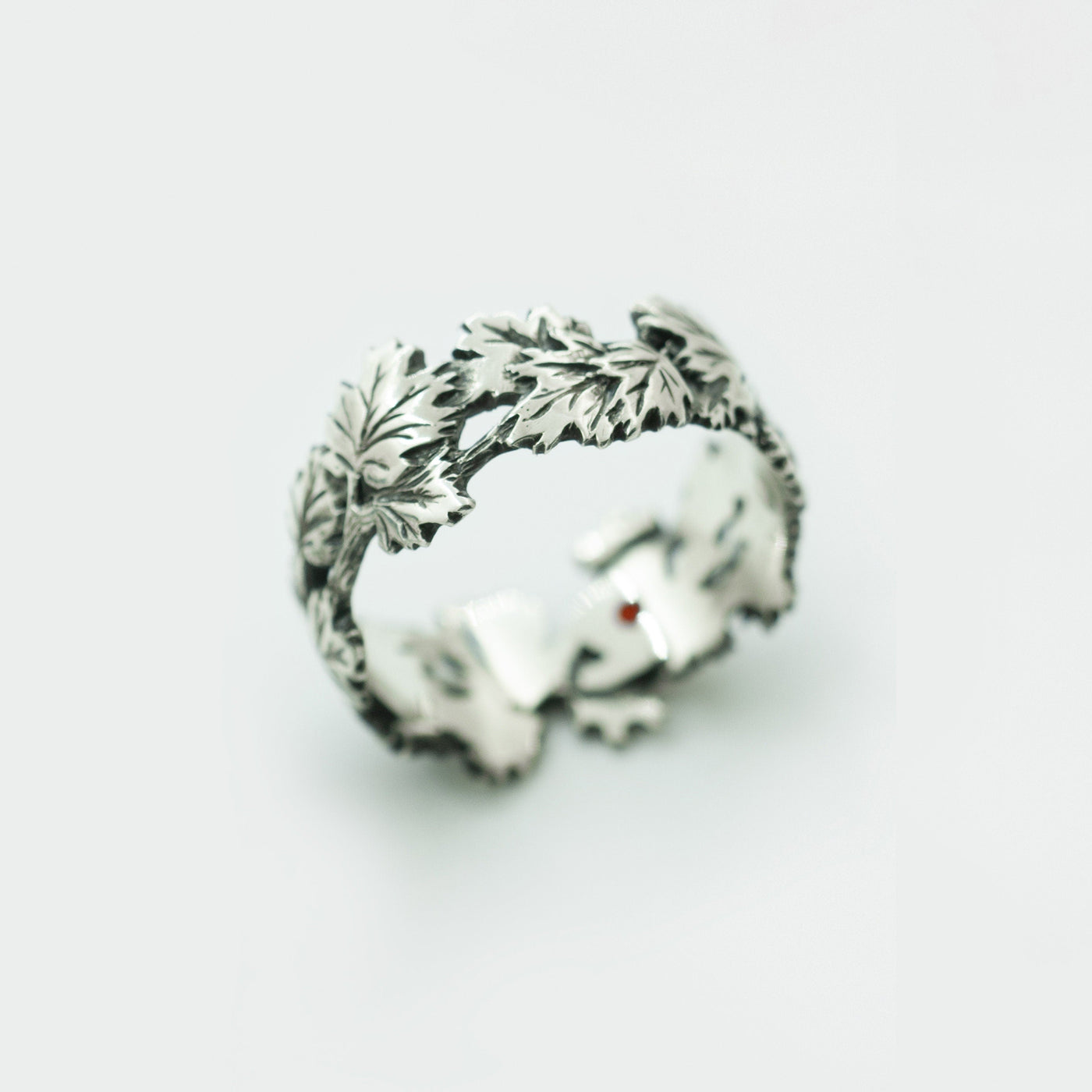 Oxidized Sterling Silver Ring with Red Cubic Zirconia Maple Leaf Design