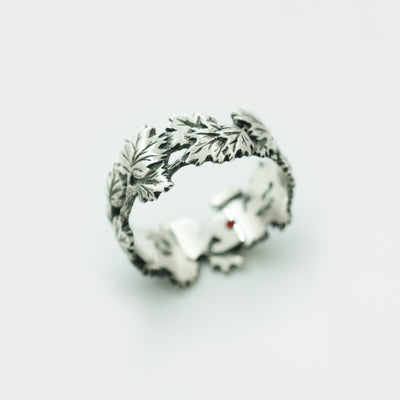 Oxidized Sterling Silver Ring with Red Cubic Zirconia Maple Leaf Design
