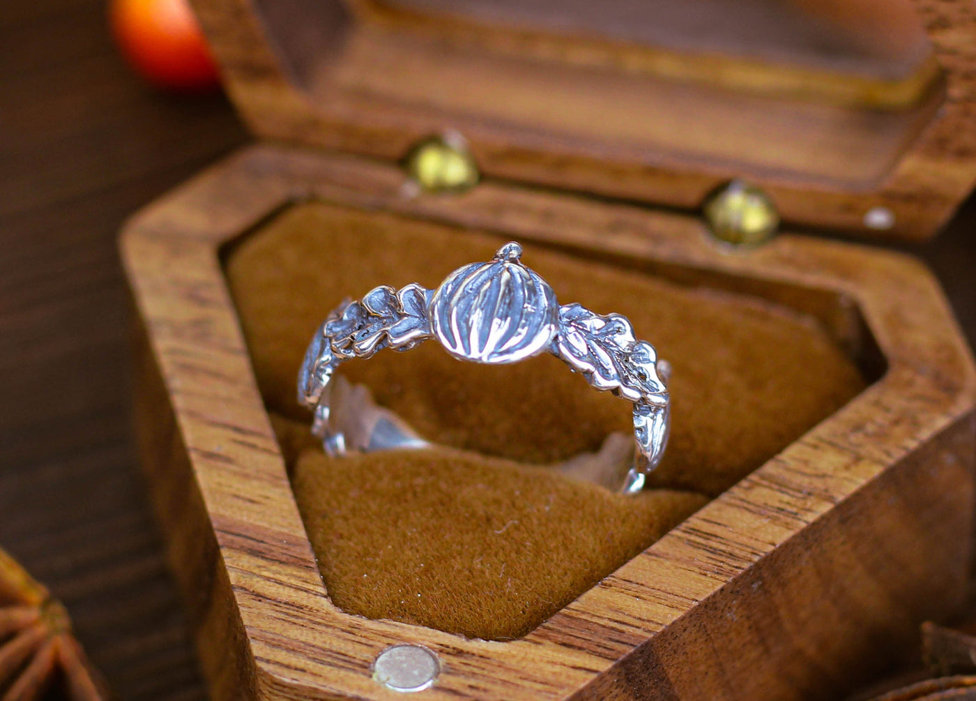 Silver Gothic Ring with Pumpkins and Oak Leaves