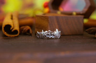 Silver Gothic Ring with Pumpkins and Oak Leaves