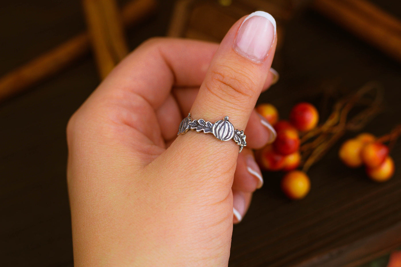 Silver Gothic Ring with Pumpkins and Oak Leaves