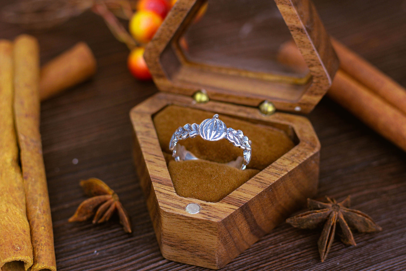 Silver Gothic Ring with Pumpkins and Oak Leaves