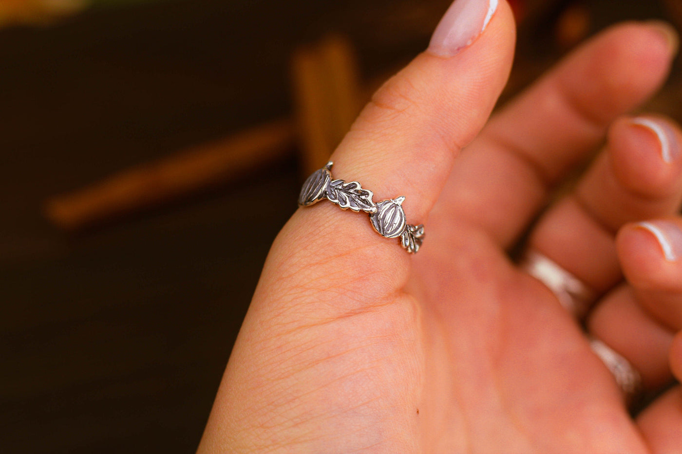 Silver Gothic Ring with Pumpkins and Oak Leaves