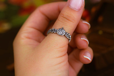 Silver Gothic Ring with Pumpkins and Oak Leaves