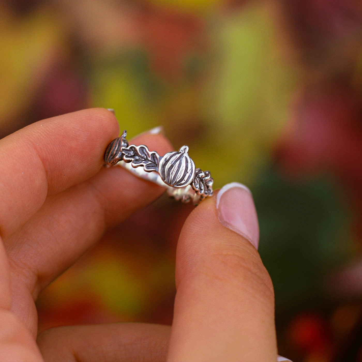 Silver Gothic Ring with Pumpkins and Oak Leaves