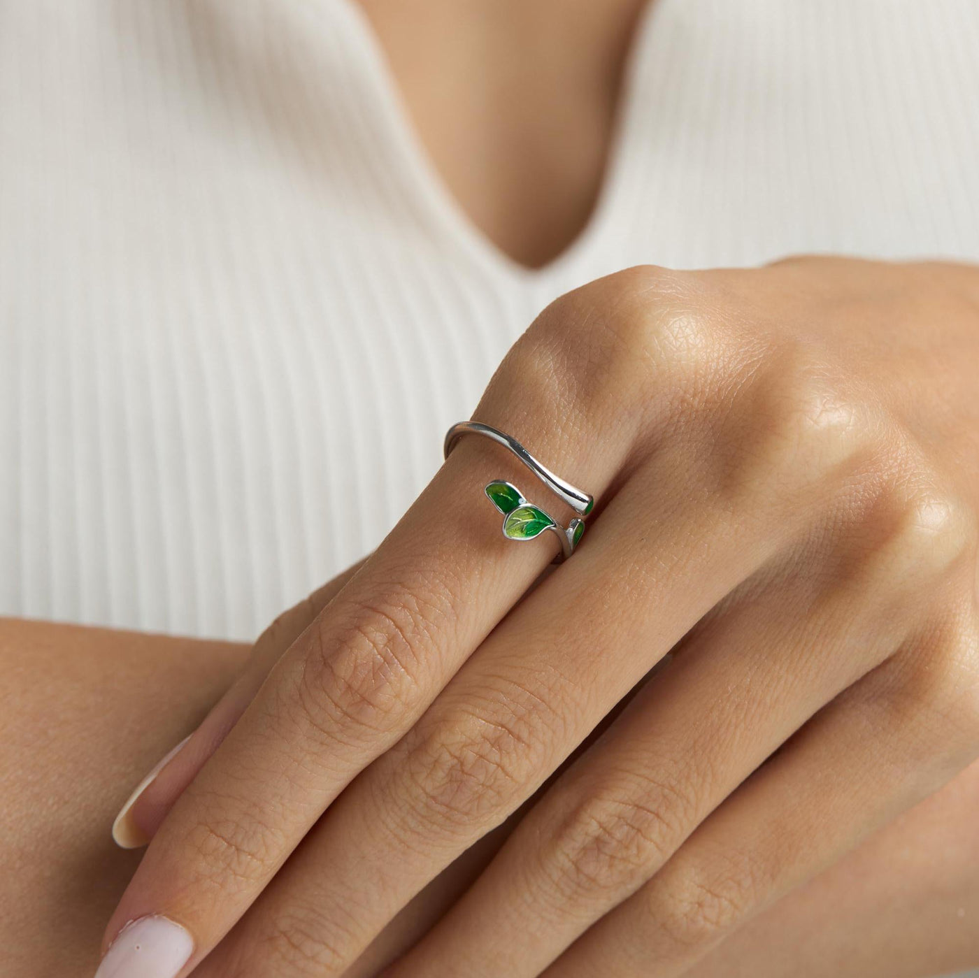 Adjustable Sterling Silver Ring with Green Ivy Leaf Design