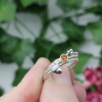 Handmade Sterling Silver & Citrine Autumn Acorn Ring Set