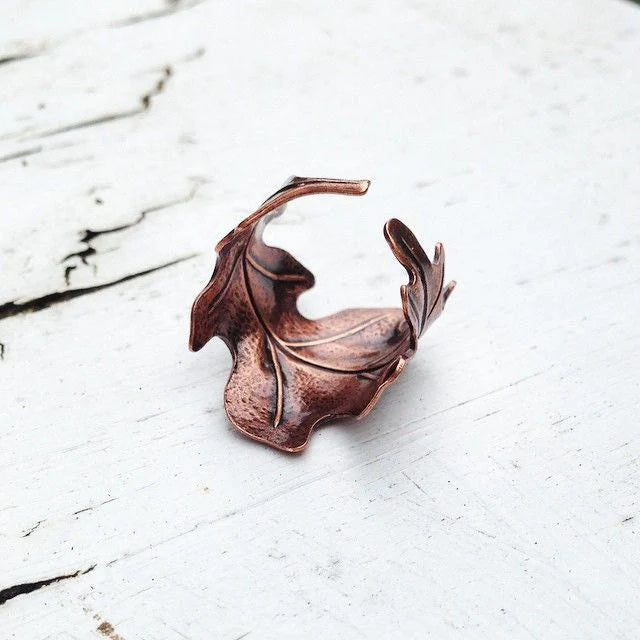 Adjustable Copper Oak Leaf Ring - Autumn Nature Inspired Jewelry