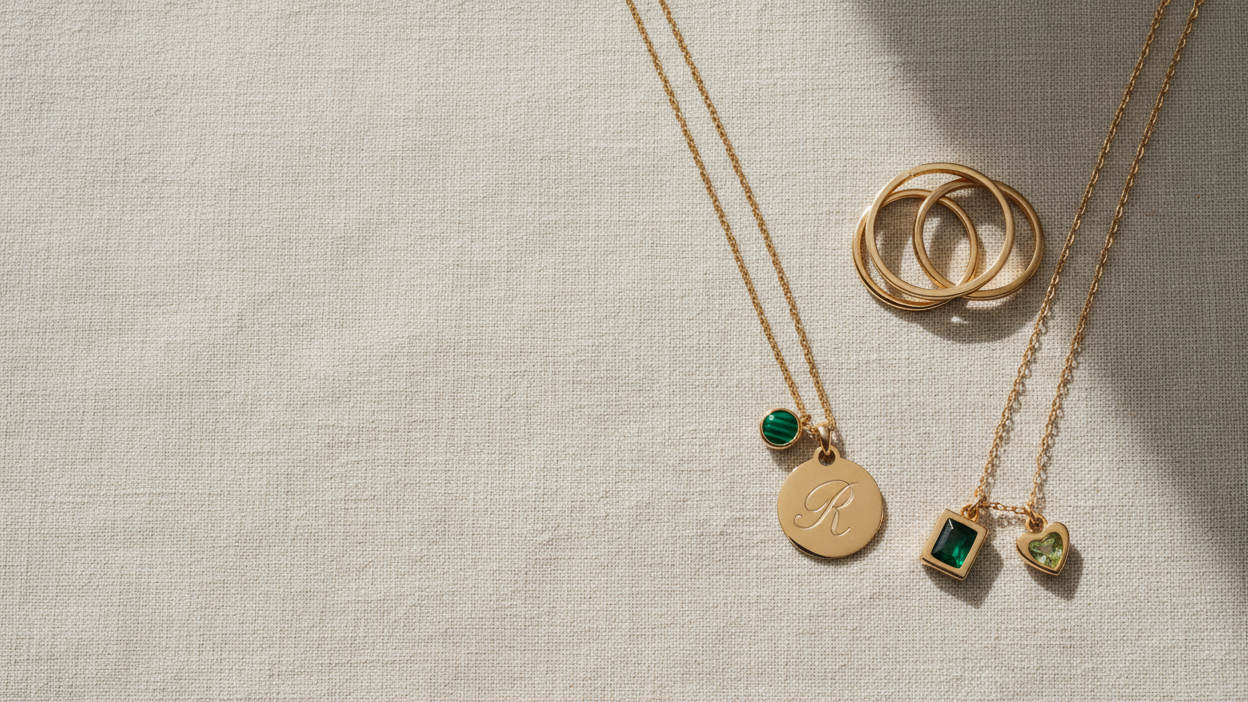 Minimal luxury jewelry flat-lay on soft linen background (#F6F4F1). Arrange 4–5 delicate gold pieces in the style of the site: slim stacking rings, an initial pendant necklace, a tiny charm square, and a small heart/birthstone charm. Clean chains, subtle shadows, soft window light, calm and timeless. Leave 40% negative space on the left for a text box. Colors: gold #B08D57 with gentle deep-green accents #1B3729 / #6A8F6E. Premium editorial look, no logos, no hands, no clutter.