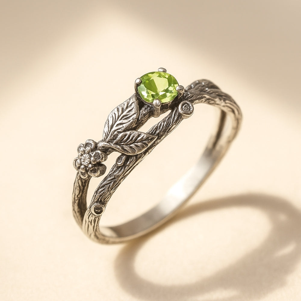 Natural Peridot Oak Leaf Silver Ring