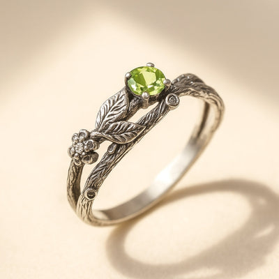 Natural Peridot Oak Leaf Silver Ring